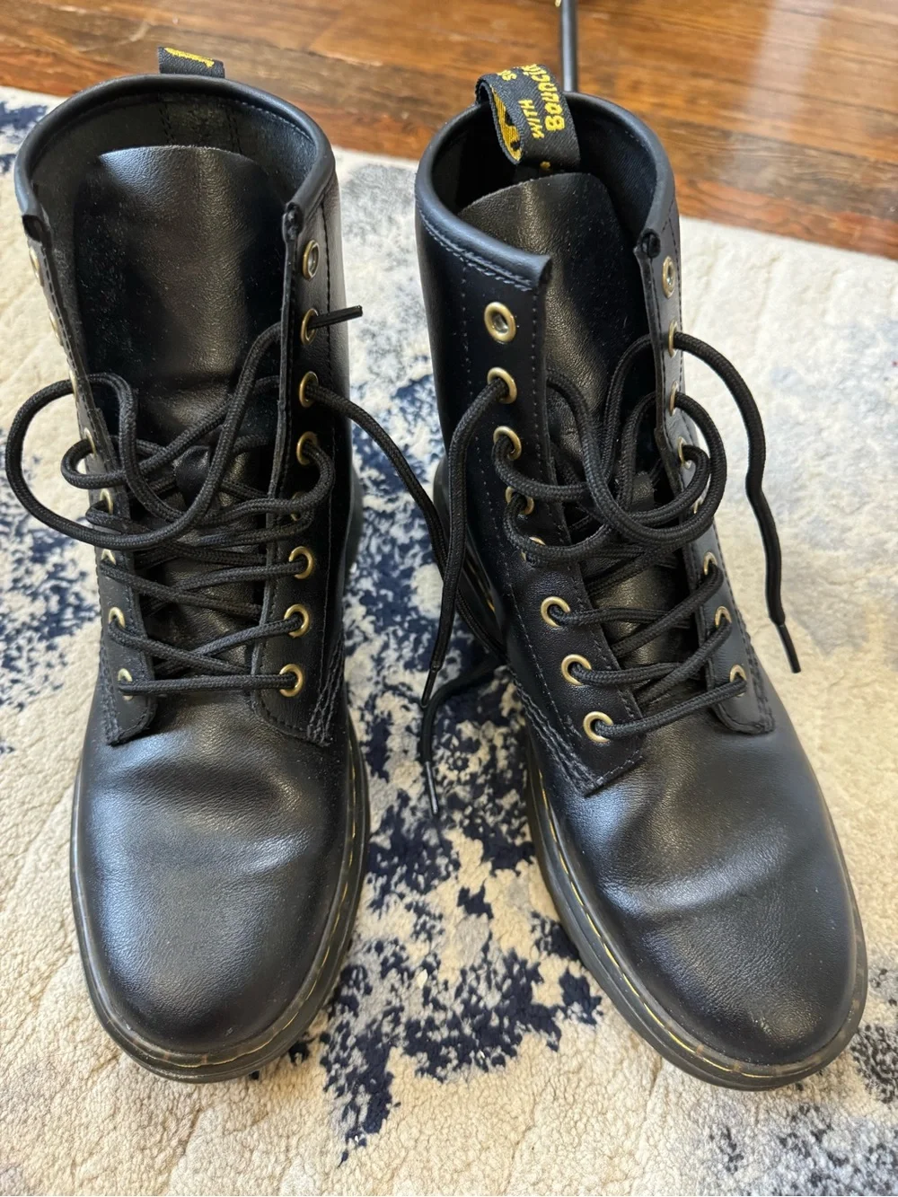 Dr. Martens Black Leather Lace-Up Boots with Yellow Accents - Picture 1 of 5